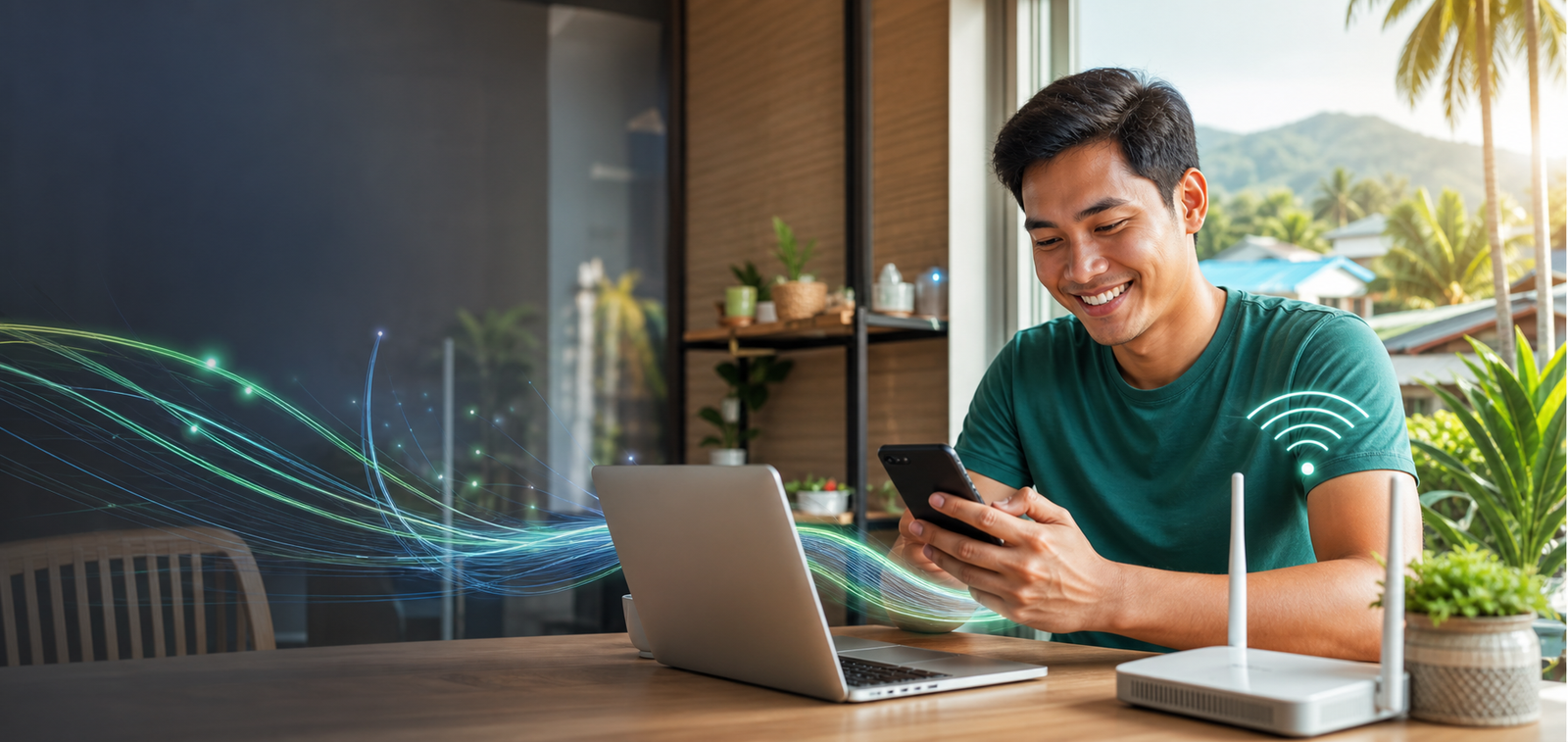 Happy internet customer using a phone and laptop beside a router