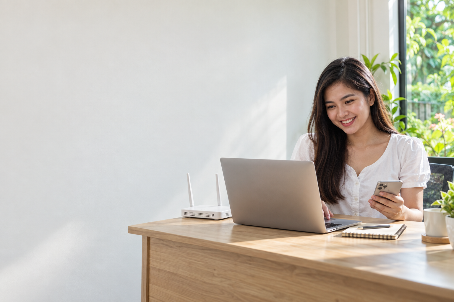 A woman enjoying a connection at home with her laptop, phone, and Wi-Fi router